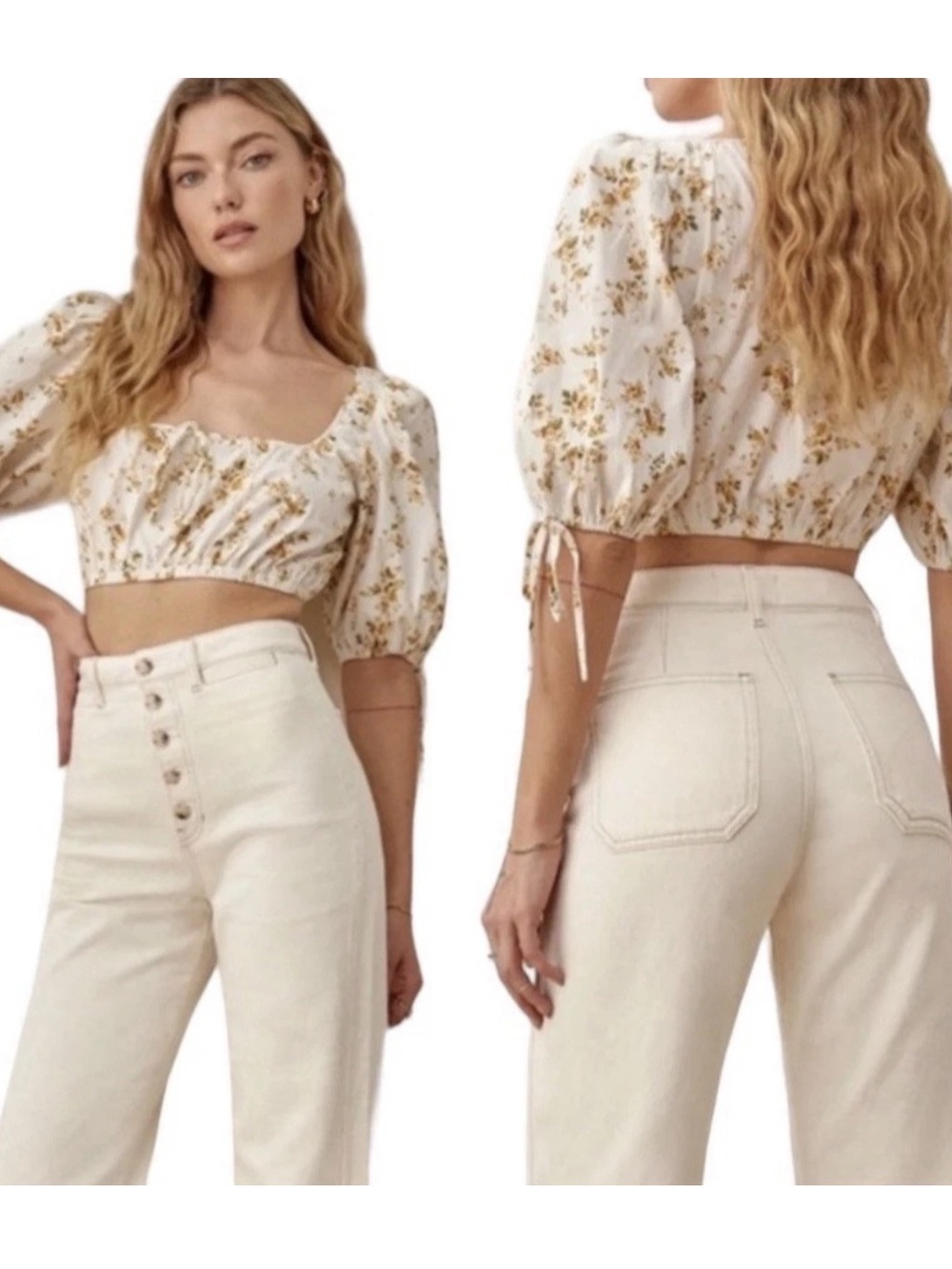 Reformation Marcella cream floral-print crop top Summer Beach Vacation M